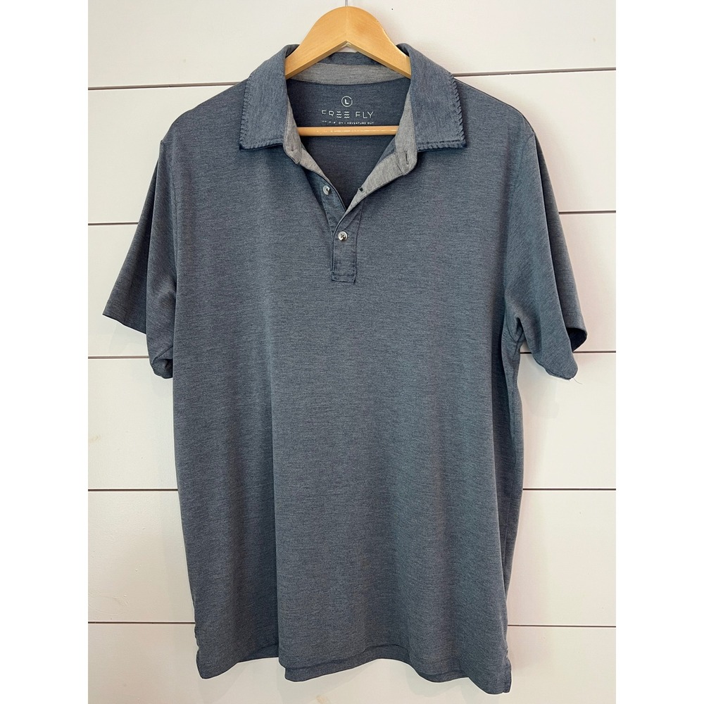 Free Fly Mens Bamboo Blend Polo Shirt Blue Gray Heather Short Sleeve Large‎